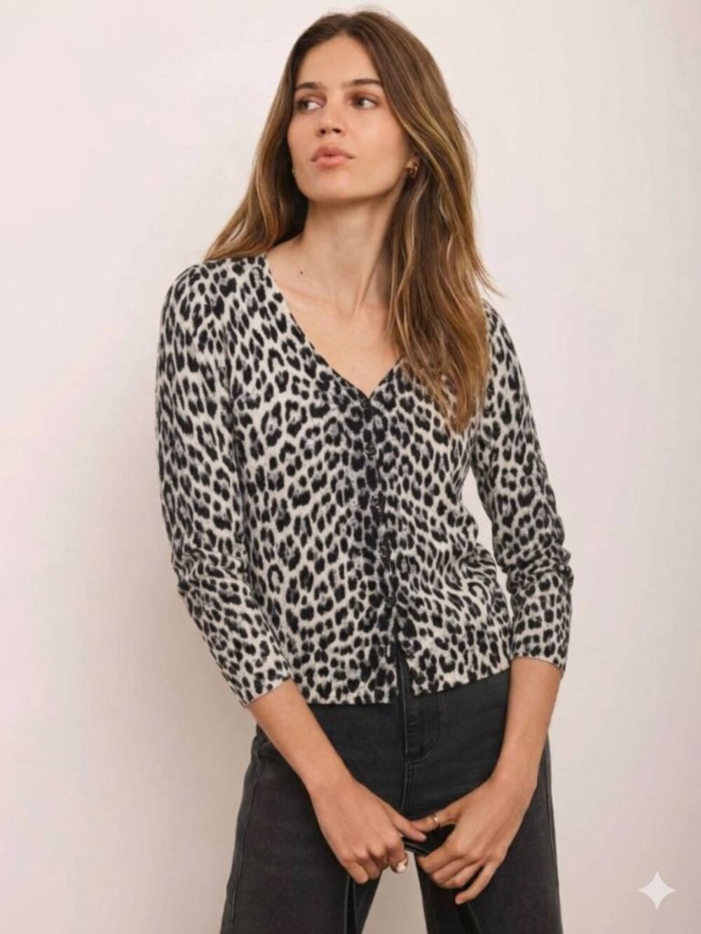 Ann Taylor Silk Cashmere Blend Animal Print Cardigan Size L Black/Ivory